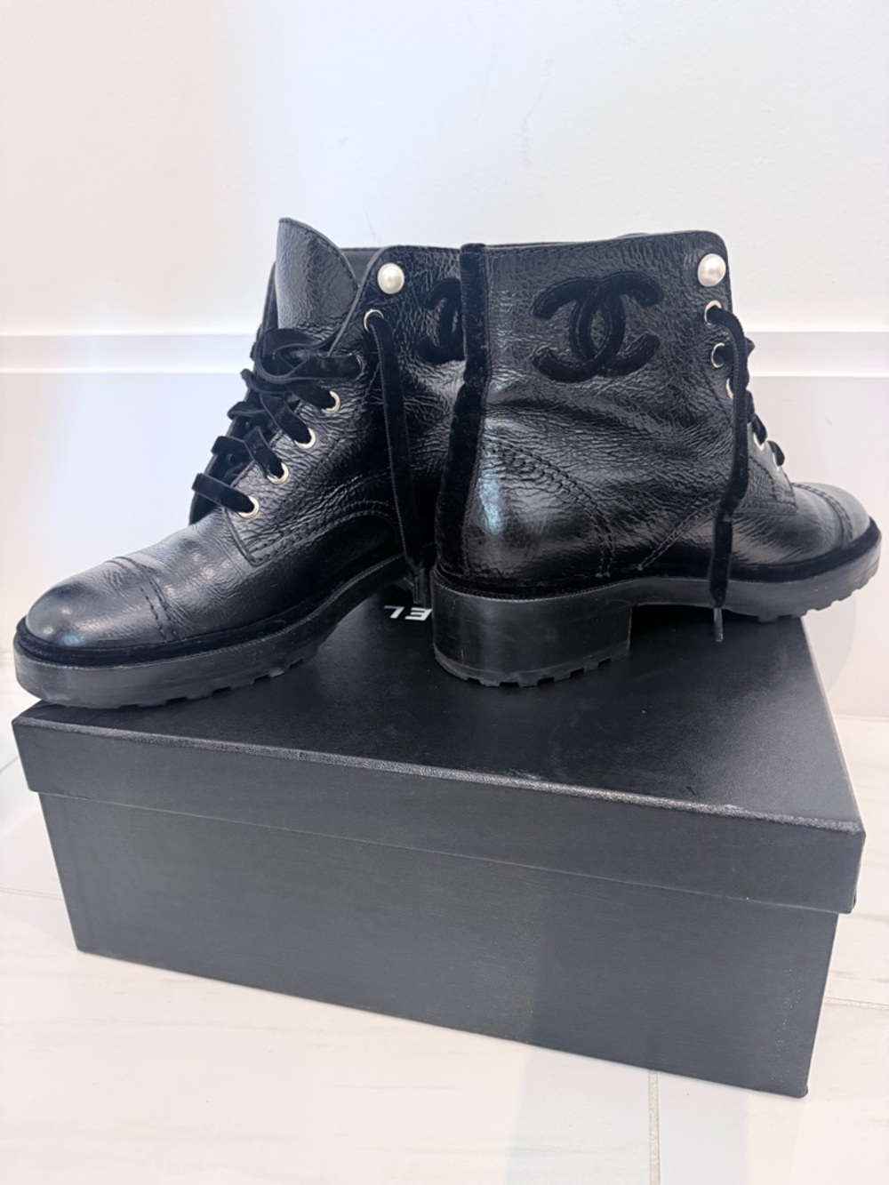 CHANEL Black Leather Lace-Up Ankle Boots with Pearl Accents - Picture 2 of 8